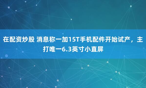 在配资炒股 消息称一加15T手机配件开始试产，主打唯一6.3英寸小直屏